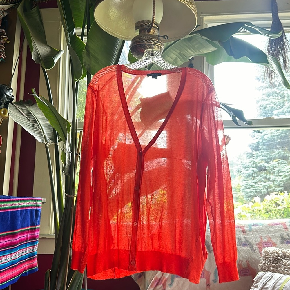 “OUT THERE” Orange Lafayette 148 New York sheer cardigan